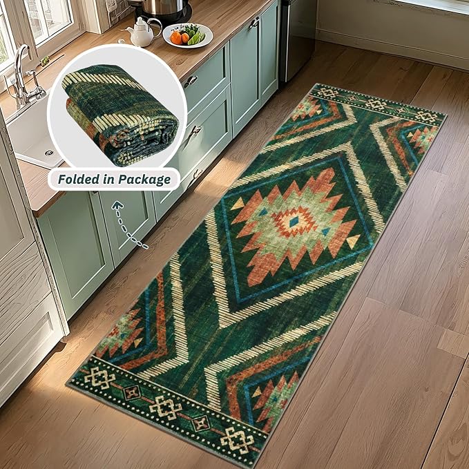 Runner Rugs for Hallway Boho 2x6Ft Non Slip, Green Moroccan Washable Farmhouse Kitchen Rug Runner Non Slip, Soft Geometric Bedroom Entryway Floor Carpet for Entrance Home Decor
