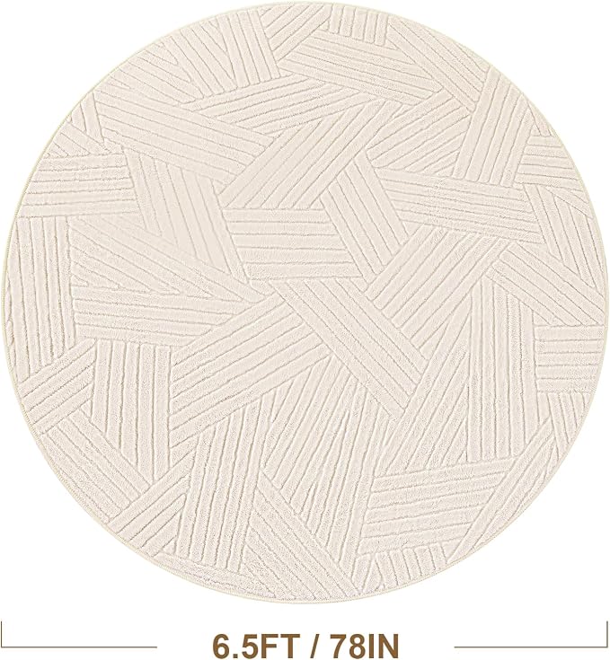 Carvapet 6.5' Round Rug Washable High Low Pile Area Rug Soft Plush Beige Carpet for Living Room Bedroom Non Slip Indoor Floor Rug for Home Kids Nursery Decor