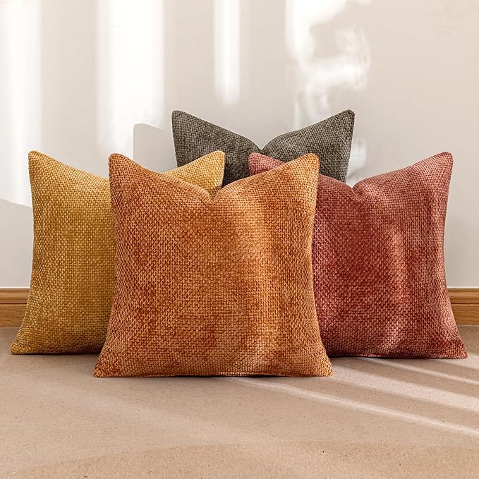 MIULEE Pack of 4 Orange/Yellow Couch Throw Pillow Covers 18x18 Inch Halloween Soft Decorative Chenille Pillows Farmhouse Accent Cushions for Boho Fall Home Decor Sofa Bedroom Living Room
