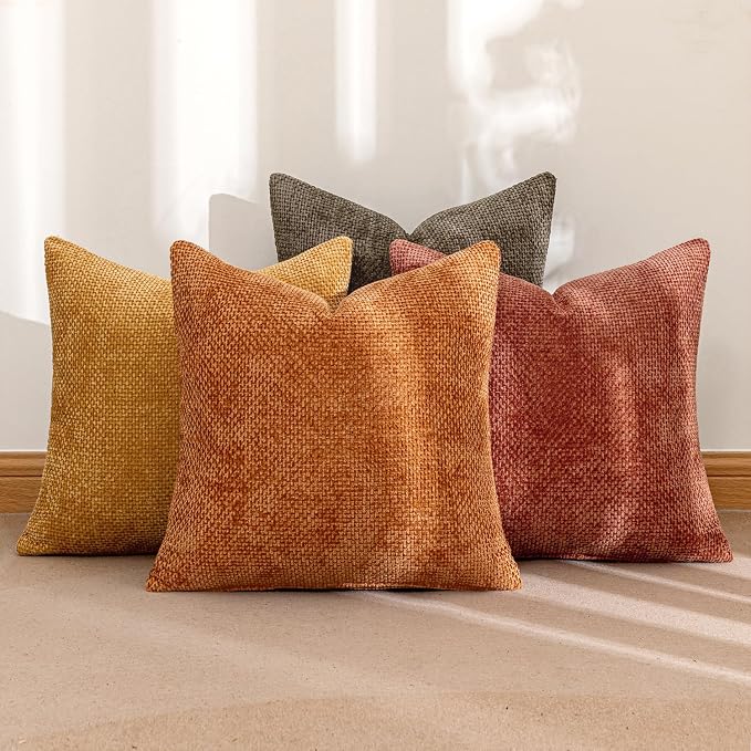 MIULEE Pack of 4 Orange/Yellow Couch Throw Pillow Covers 20x20 Inch Halloween Soft Decorative Chenille Pillows Farmhouse Accent Cushions for Boho Fall Home Decor Sofa Bedroom Living Room