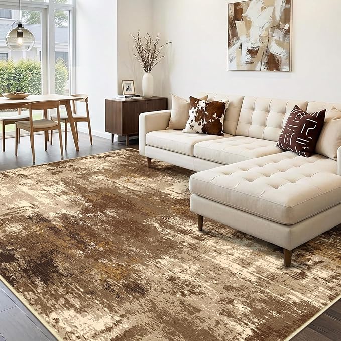 RELEANY Washable Area Rugs 5'x7' Non-Slip Modern Abstract Soft for Living Room Entryway Bedroom Kitchen, Print Pattern, Brown Tan Beige Coffee