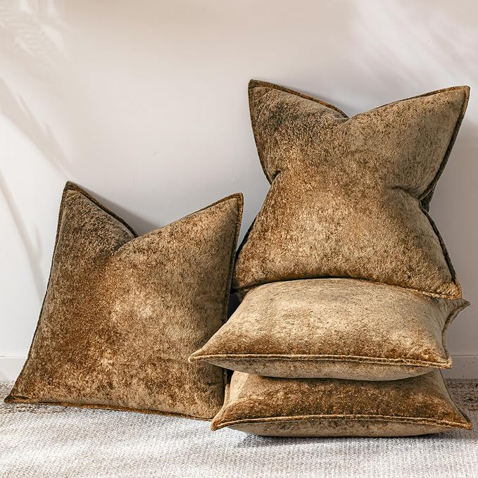 a moment Throw Pillow Covers 16X16 Inch 4 Packs,Soft Velvet Decorative Pillow Cases with 3D Ice Flower,Texture Modern Accent Cushion Covers for Sofa Couch Home Decor Golden Brown