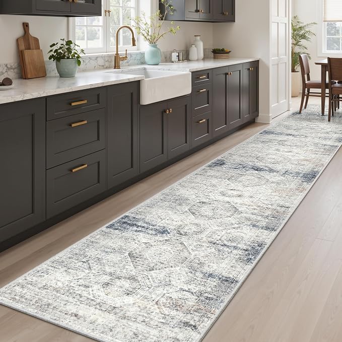 Soalmost Runner Rug 2x12 Washable Non-Slip Hallway Runner Rugs for Kitchen Bathroom Laundry Room Blue Ivory Vintage Floor Carpet Runners for Hallways Entryway