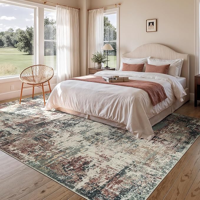 Rugflix 9x12 Area Rugs for Living Room, Washable Large Rug Stain-Resistant Low Pile, Modern Carpet for Dining Room Home Office Kid Room Nursery Bedroom, Rust