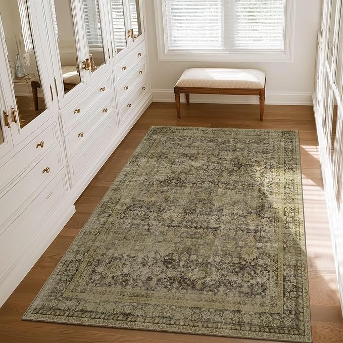 Washable 3x5 Entryway Rug, Boho Vintage Non-Slip Door Mat, Dark Green | 0.3" Neutral Throw Small Rugs for Bedroom Kitchen Nursery Entrance, Cushioned for High-traffic Area