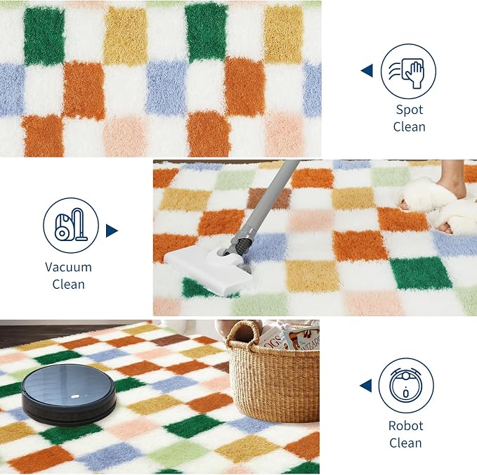 Garvee Large Area Rugs 10x13 Plush Fuzzy Rugs for Living Room,Colorful Checkered Rug Shag Rug for Bedroom, Modern Plush Soft High Pile Upgrade Non-Slip Carpet for Kids Girls and Boys Room Decor