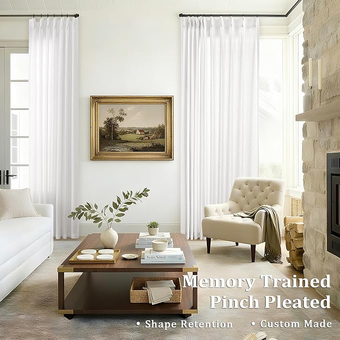 Ivory Pinch Pleated 90 Inch Curtains Floor to Ceiling Track System | Light Filtering Semi Sheer, Off White Cream, Linen Pleat Drapes, for Living Room, Boho, Back Tab, Curtains 90 Inches Long