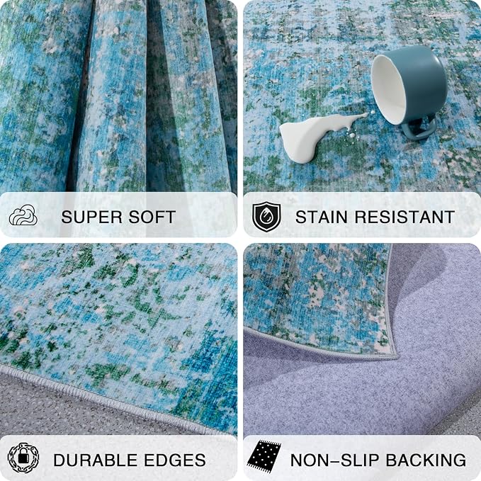6x9 Area Rugs Living Room Rug Abstract Washable Rug Non-Slip Soft Low Pile Indoor Floor Stain Resistant Thin Carpet for Bedroom Dining Room Home Office Farmhouse Nursery - Dusty Blue & Cream 6' x 9'