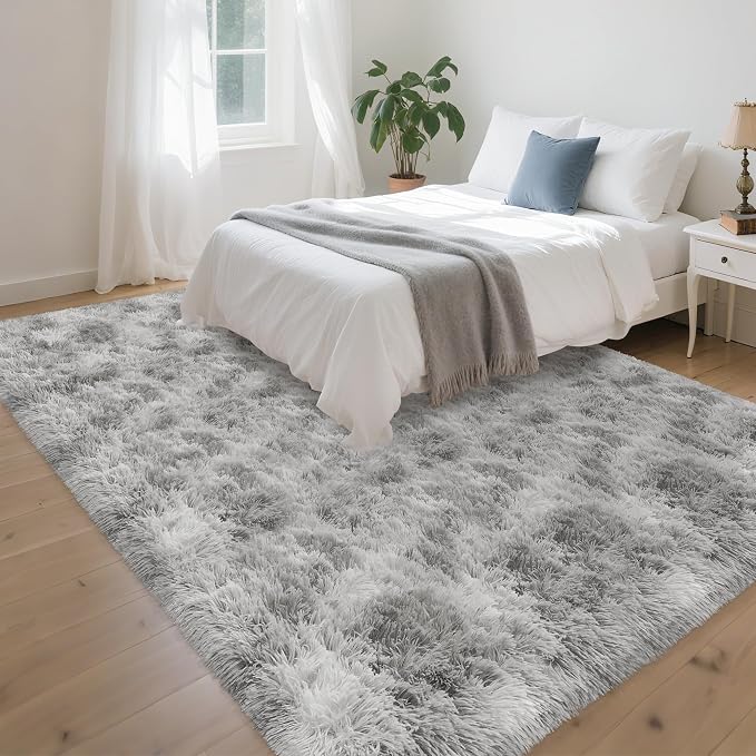 5x8 Ft Light Grey Large Area Rugs for Bedroom,Fluffy Furry Rug Floor Carpets Shaggy Playing Mat for Kids Baby Girls Room Nursery Home Decor Tie Dyed Gray Thick Rugs Fuzzy Home Decor