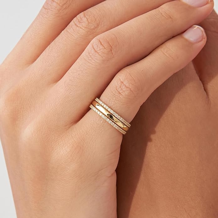 Purplepig Stackable Rings for Women Non Tarnish, Two Tone Mixed Metal Dainty Eternity Band Set, 14K Gold & Sterling Silver Plated Cubic Zirconia Hypoallergenic Wedding Thumb Pinky Rings Size 4-11