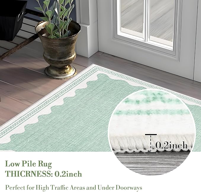 2x3 Scalloped Area Rugs Green Washable Entryway Bedroom Rug | Solid Small Area Rug Non Slip Scalloped Bath Mat, Front Door Mat Indoor Entrance,Soft Girls Nursery Dorm Carpet for Kitchen