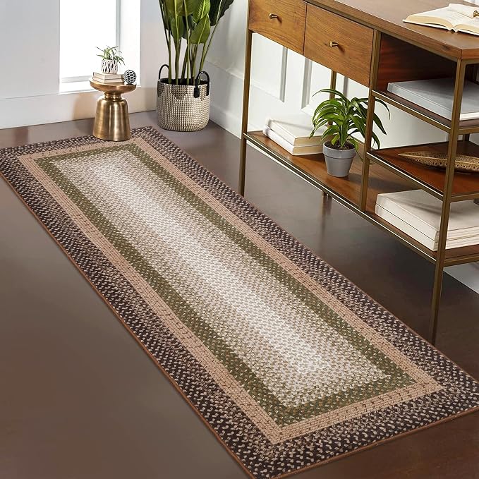 RUGSREAL 2x10 Long Hallway Runner Rug Braided Print Area Rug Runner Non Slip Kitchen Runner Mat Washable Rug Farmhouse Carpet Rustic Accent Area Rug for Living Room Bedroom Bathroom, Moss/Brown