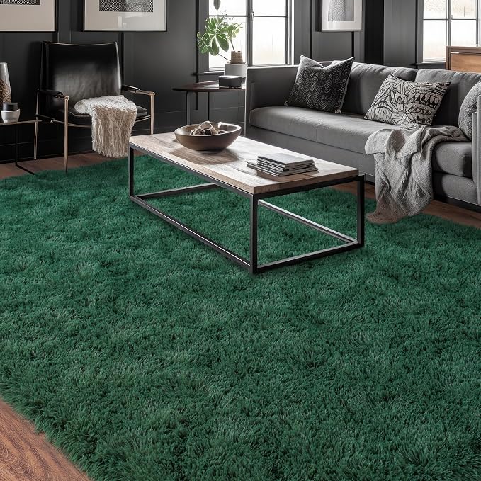 Extra Large 9x12 Green Rug for Bedroom Living Room, Soft Shaggy Area Rugs | Plush Fluffy Upgrade Non-Slip Forest Hunter Dark Green Rug for Classroom Nursery Kids Room Home Decor, Indoor Floor Carpet