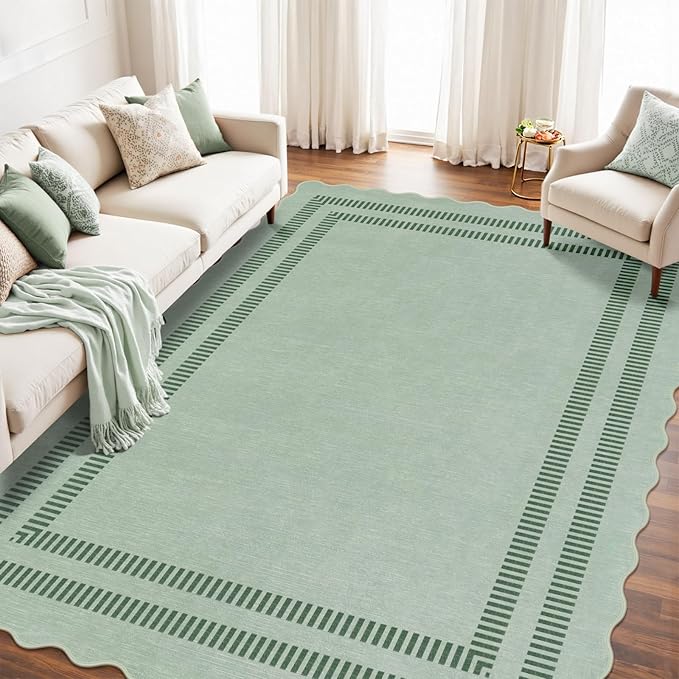 Washable 8x10 Rugs for Living Room Bedroom, Non-Slip Sage Green Indoor Carpet for Dining Room Office, Ultra Thin Scalloped Soft Carpets for Kids Nursery Playroom
