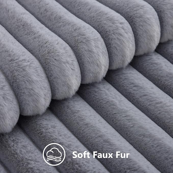 decorUhome Fall Faux Fur Throw Pillow Covers 24x24 Set of 2 Grey | Decorative Soft Cozy Striped Plush Modern Farmhouse Boho Couch Pillow Cases Velvet Back for Sofa Bed Living Room Home Decor
