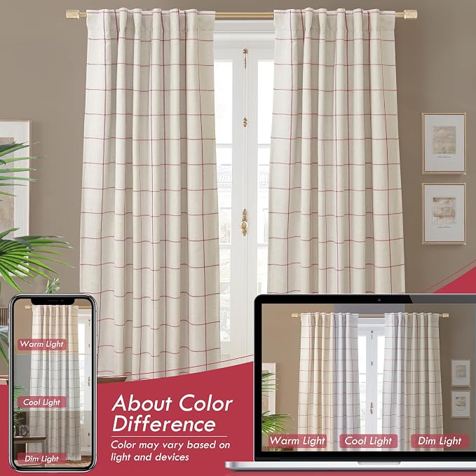 DriftAway 100% Blackout Plaid Linen Curtains 102 Inches Long 2 Panels Red | 100% Blackout, Linen Texture, Plaid Pattern, Two Layers, Rod Pocket & Back Tab, Bedroom Living Room Use, Luxury Appearance
