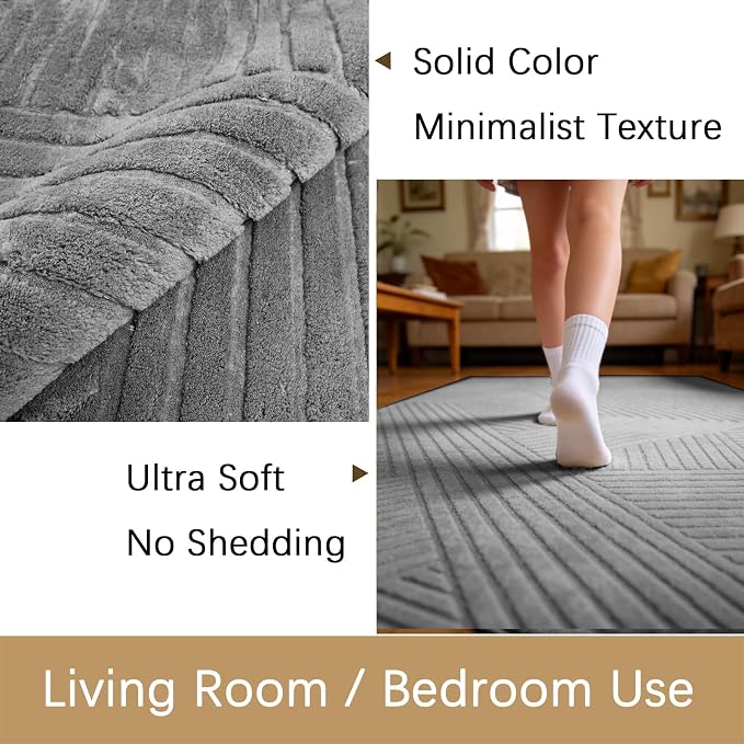 8x10 Grey Area Rug - Washable Fluffy High-Low Pile Gray Rugs for Living Room Bedroom, Modern Geometric Pattern, Non-Slip Textured Indoor Carpet for Nursery, Kids Room, Apartment, Home Office