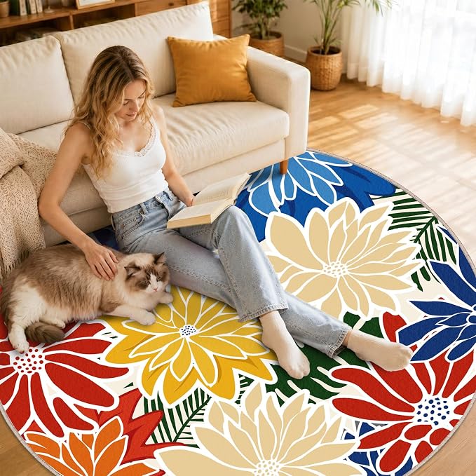 ZonLi Colorful Outdoor Rug 6x6Ft Waterproof Multicolored Indoor Area Rug Washable Outdoor Patio Rugs Tropical Floral Non Slip Outdoor Carpet for Living Room, Pool,Backyard,Deck,Camping