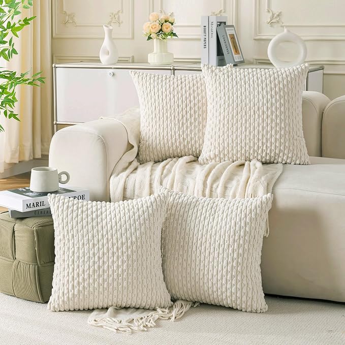Set of 4 Cream White Decorative Throw Pillow Covers 24x24 Inch Corduroy Pillow Covers for Bed Couch Sofa Living Room Soft Square Cushion Cases