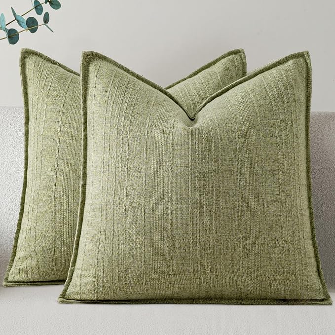 a moment Linen Pillow Covers Set of 2,Boho Farmhouse Throw Pillowcases Neutral Textured Decorative Covers for Couch Sofa,Soft Linen Blend Accent Case Cushion Home Decor 18"x18"Seeding Green