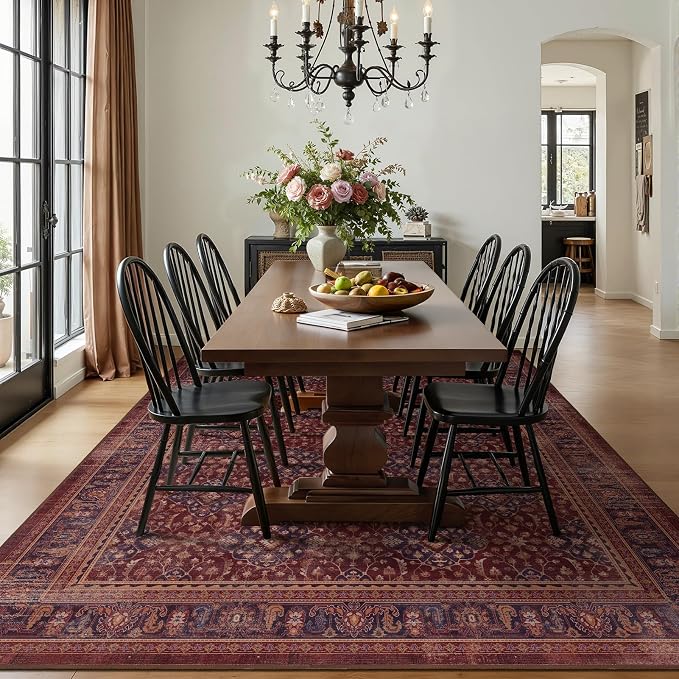 Amber Red Living Room Rug 8x10, Earth Tone Vintage Bedroom Rug with Boho Floral Trellis Purple Accents, Non Slip Washable Low Pile Thin Carpet Rug for Dining Room/Guest Room/Home Office