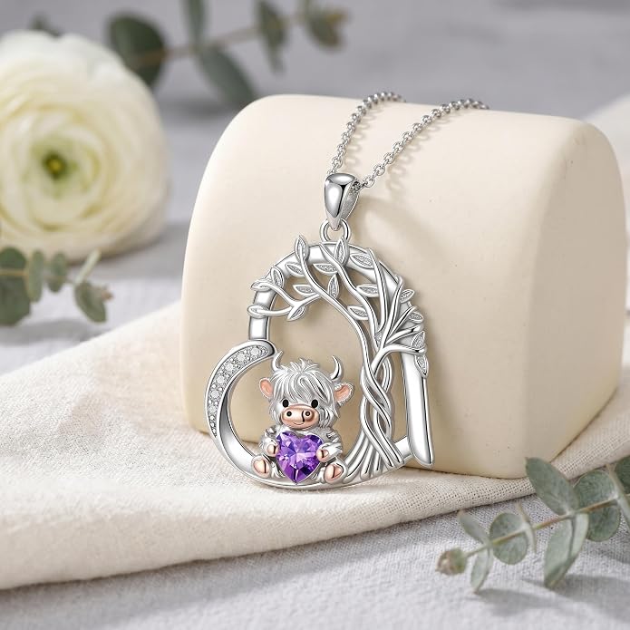 PELOVNY Teddy Bear Necklace for Women 925 Sterling Silver Bear/Highland Cow/Fox/Cat/Axolotl Birthstone Necklace Christmas Birthday Jewelry Gifts for Mom Daughter Wife Sister