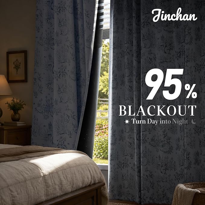 jinchan Blue Blackout Curtains 84 Inch Whimsical Back Tab 2 Panels | Room darkening,nursery kids bedroom,privacy,whimsical,cottagecore,bunny pattern,botanical,nature-inspired decor