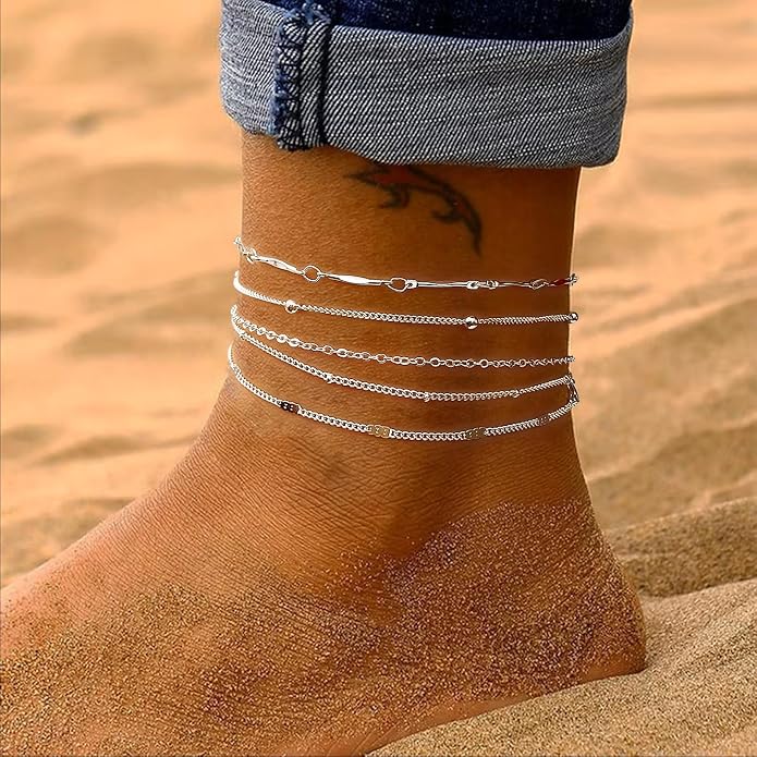 Silver/Gold Anklets for Women, Sterling Silver Evil Eye Ankle Bracelets for Women Trendy Dainty Waterproof Anklets Set Adjustable Layered Anklet Bracelets for Women Silver Jewelry Gift
