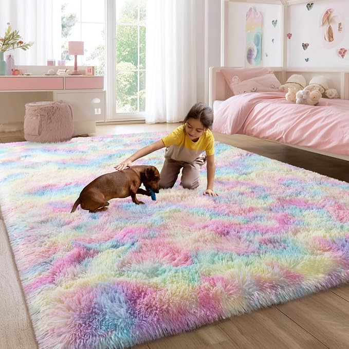 qulint 6x9 Colorful Rug for Bedroom, Large Fluffy Soft Living Room Area Rug | Fuzzy Plush Princess Rug for Girl Kids, Shaggy Modern Rainbow Carpet for Dorm Nursery Classroom Home Decor Aesthetic