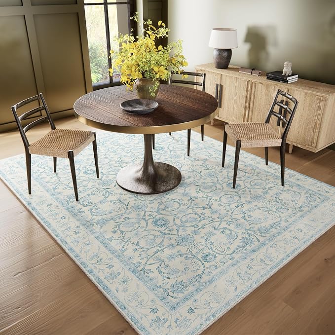 Washable Rugs for Living Room: 6x9 Area Rugs for Bedroom Ultra Soft Non-Slip Low Pile Vintage Boho Large Carpet for High-Traffic Dining Room - Farmhouse Decor