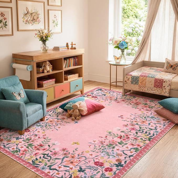 Wonnitar 5x7 Washable Area Rug, Pink Floral Rug for Living Room, Cute Boho Rug for Girls Bedroom, Non Slip Soft Nursery Carpet, Farmhouse Kids Room Decor (5x7 Pink)