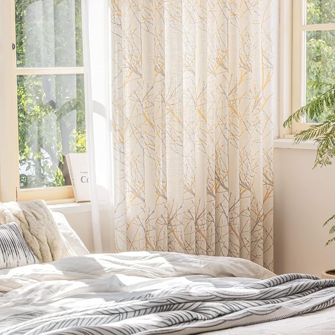 FMFUNCTEX Linen Semi Sheer Curtains for Bedroom, Yellow White Curtains 45 Inches Long for Living Room, Grey Tree Branch Print Curtain Light Filtering Kitchen Window Drapes, Grommet Top 2 Panels | Short Sheer Branch Patterned Drapes, Light Filtering Gro...