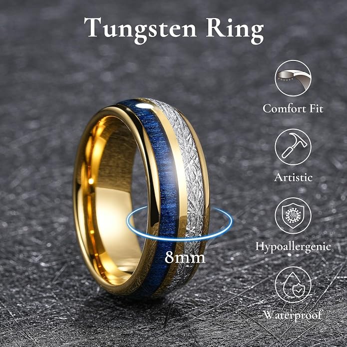 King Will Tungsten Rings for Men Meteorite Carbon Fiber Wood Inlay Mens Wedding Engagement Band Domed Polished