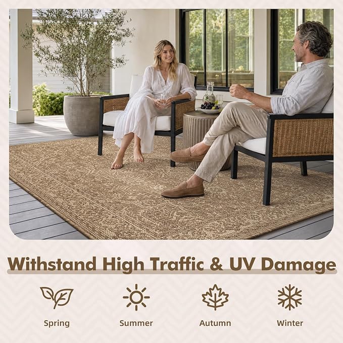 MontVoo-Outdoor Rug-Patio Rug 6x9 ft Polypropylene Indoor Outdoor Rugs Carpet for Patio Deck Balcony Porch, Textured Weave, Durable for High Traffic, Fade-Resistant, Vintage Medallion Neutral Brown