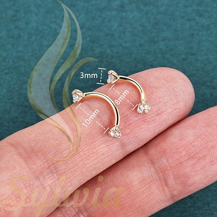 SYLWIA 14K Real Gold Eyebrow Rings, 16G Internal Thread Rook Piercing Jewelry, Diamond CZ - 3MM, Solid Gold Belly Rings Eyebrow Piercing Jewelry for Women
