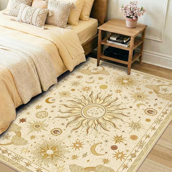 Vacuum-Friendly, 5x7 Washable Area Rug, Beige Camel Brown | Sun and Moon Boho Gothic Non-Slip Low Pile Living Roon Bedroom Dining Room Kitchen Entry Entryway Entrance Hallway Doormat