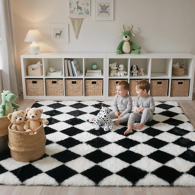 GENIMO Checkered Rug 6x9 Area Rugs for Kids Bedroom Soft Shag Rug Fluffy Fuzzy Carpet Plush Rugs for Living Room Nursery Playroom Dorm Modern Home Decor Aesthetic, Black and White