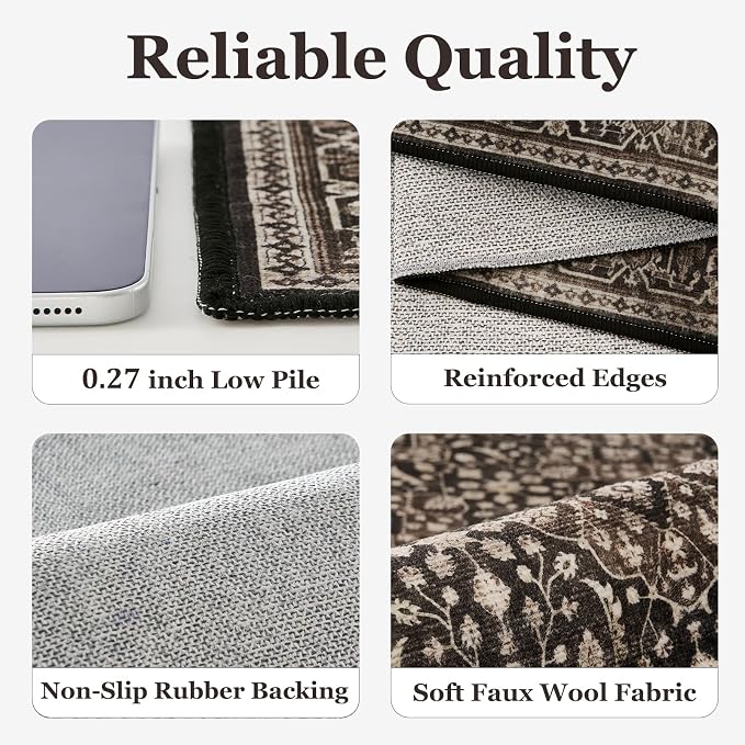 Washable Hallway Runner Rug 2x6, Vintage Farmhouse Kitchen Runner Rug Non Slip, Moroccan Floral Trellis Carpet Runners for Bathroom/Bedroom Bedside/Entryway/Laundry Room, Dark Wood Brown Black