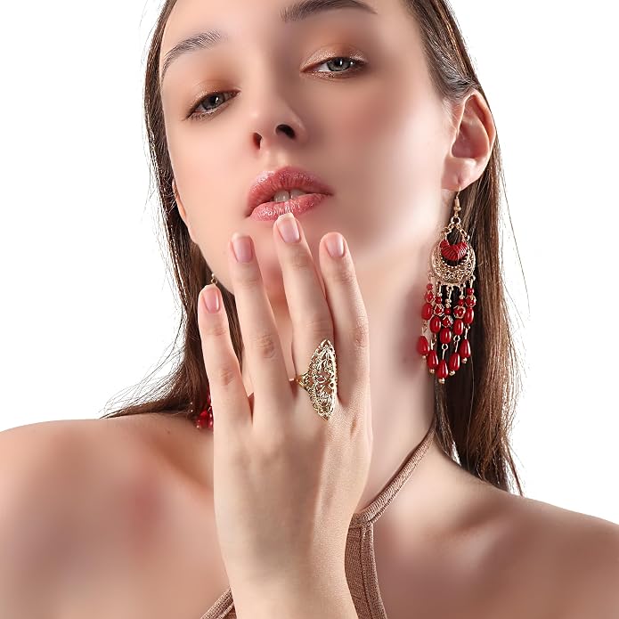 Rings for Women Summer Boho Rings Filigree Flower Ring Chunky Gold Ring Full Finger Rings Wide Band Womens Rings for Cocktail Party Birthday Gifts Statement Rings for Women