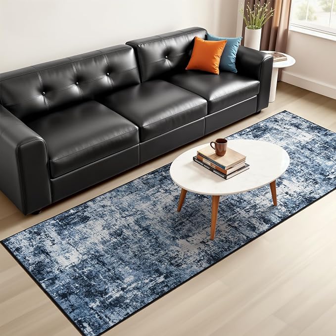 Rugflix 2x7 Runner Rug for Entryway, Kitchen Rugs Soft Non-Slip Washable Runners for Hallway, Abstract Small Carpet with Non-Slip Backing for Bedroom, Living Room, Navy Blue/Black