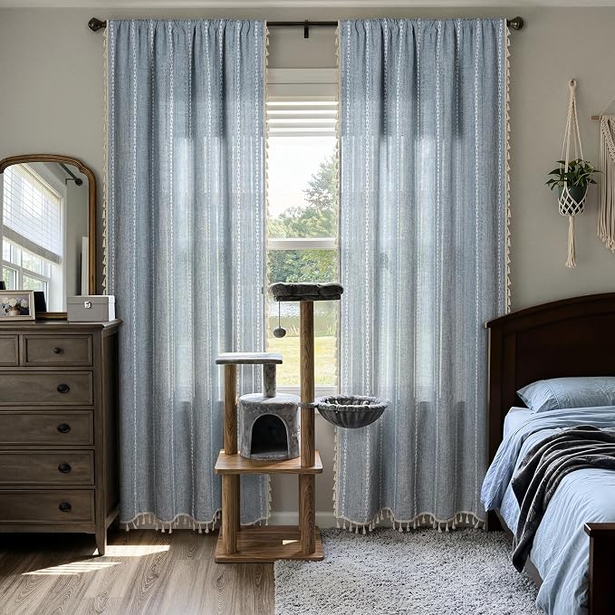 ColorBird Blue Boho Curtains Linen-Textured for Living Room Bedroom Light Filtering 84 Inches 2 Panels Farmhouse Embroidered Striped Curtains & Drapes for Nursery Dining Room Closet Window Treatments
