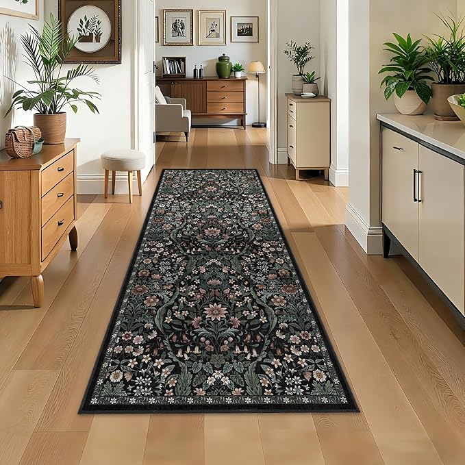 3x7 Washable Runner Rug,Black Floral Boho Area Rug for Hallway,Low-Pile Non-Slip Stain Resistant Carpet for Kitchen, Bedside,Laundry Room,Entryway