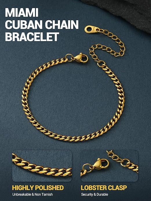PROSTEEL Stainless Steel Bracelets for Men Women, Gold/Silver/Black, Cuban Link Bracelet Adjustable, Jewelry with Gift Box
