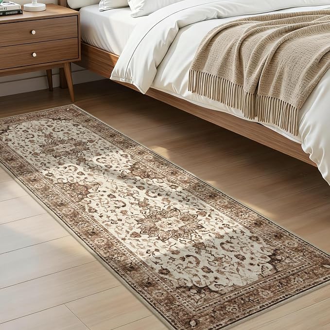 Joydeco Washable 2x6 Hallway Runner Vintage, Beige & Blue & Reddish-Brown | Water Resistant Low Pile Non Slip Backing for Kitchen Entryway Bedroom Bathroom Dining Room
