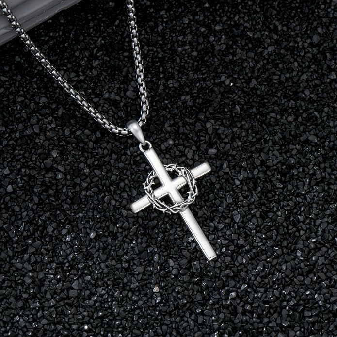 Crown of Thorns Necklace for Men 925 Sterling Silver Nail Cross Necklace Pendant Religious Christian Jewelry Valentines Day Gifts for Men