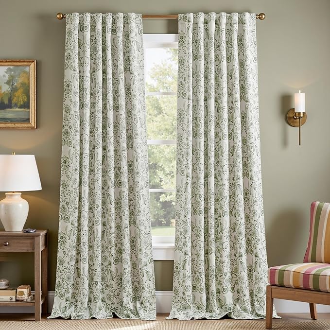 jinchan Green Floral Blackout Curtains 96 Inch Farmhouse Back Tab 2 Panels | Green on beige, room darkening, traditional vintage drapes, bedroom, living room, botanical, flower print, window treatment