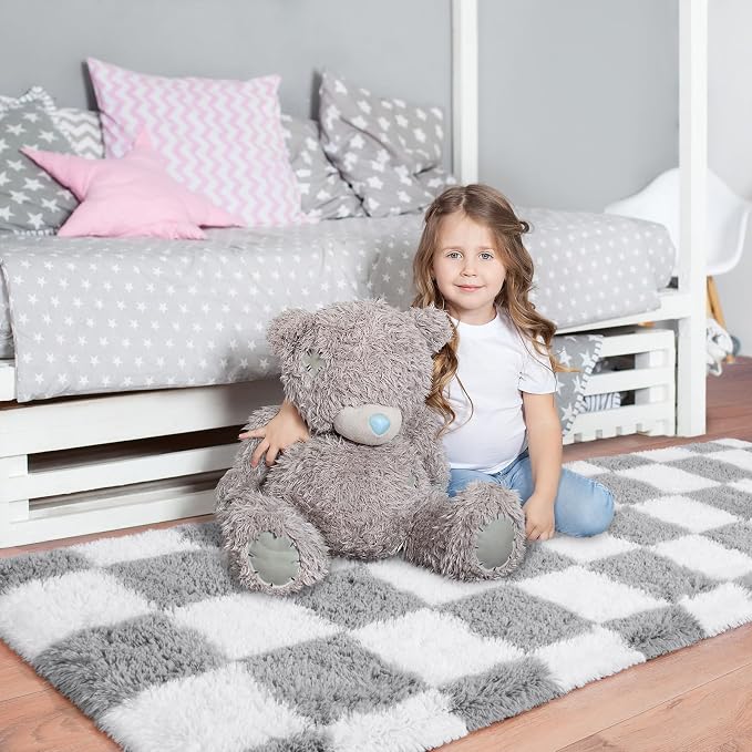 Pionblank Checkered Rug for Bedroom 2x6, Modern Fluffy Runner Rugs for Living Room, Super Soft Shaggy Bedside Carpet for Kids Room Nursery Teens Dorm Decor, Grey and White