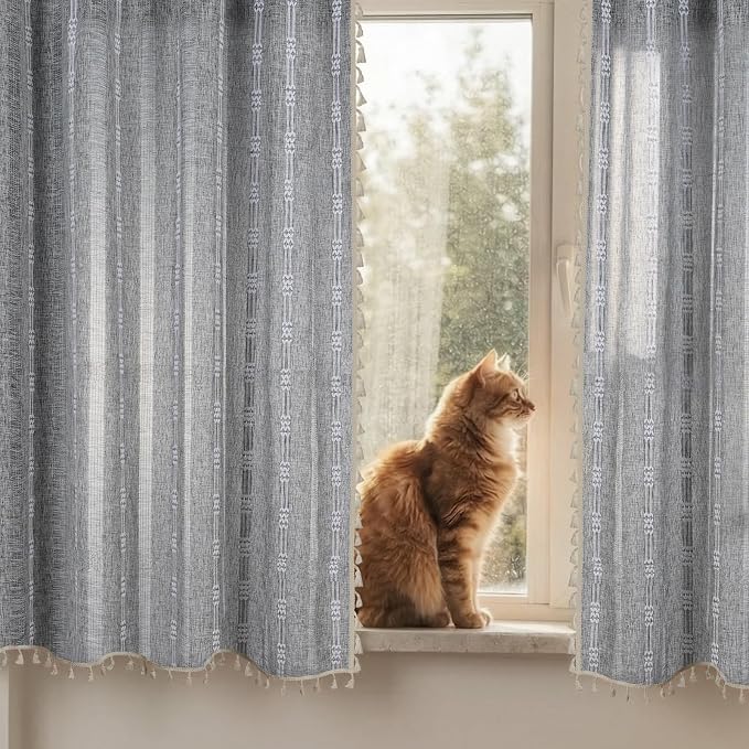 ColorBird Boho Curtains for Bedroom Living Room Linen-Textured Grey 63 Inch Length Farmhouse Light Filtering Neutral Embroidered Striped Linen Drapes 2 Panels Window Treatment