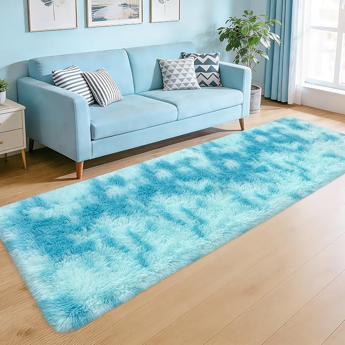 Light Blue Fluffy Rug for Bedroom Living Room, 2x8 ft Soft Sky Blue Bedroom Runner Rug for Bedside Kids Boys Room Hallway, Washable Fuzzy Kids Rugs Plush Shag Carpet for Nursery Dorm