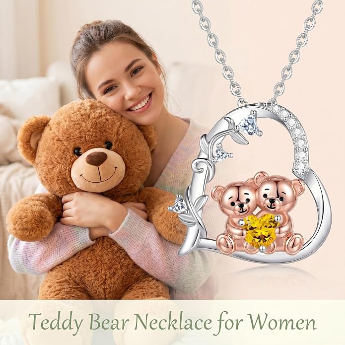 PELOVNY Teddy Bear Necklace for Women 925 Sterling Silver Bear/Highland Cow/Fox/Cat/Axolotl Birthstone Necklace Christmas Birthday Jewelry Gifts for Mom Daughter Wife Sister